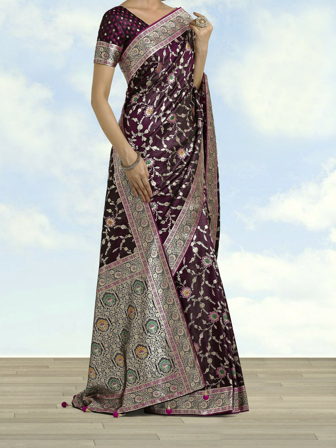 Wine Zari Woven Banarasi Satin Silk Saree | SHOBITAM