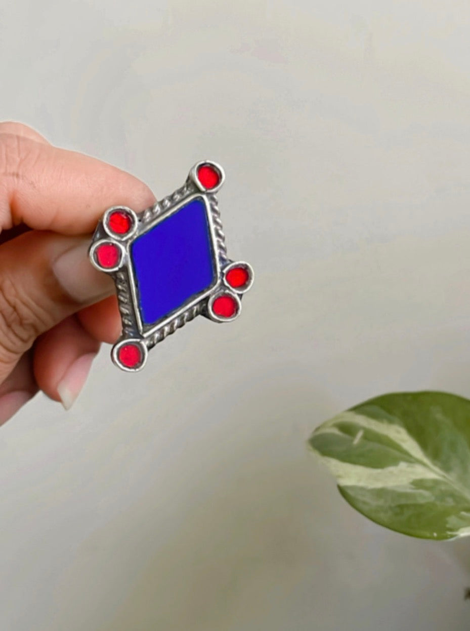 Meera Blue Glass & Red Stone Statement Ring – Antique Silver Polish| SHOBITAM