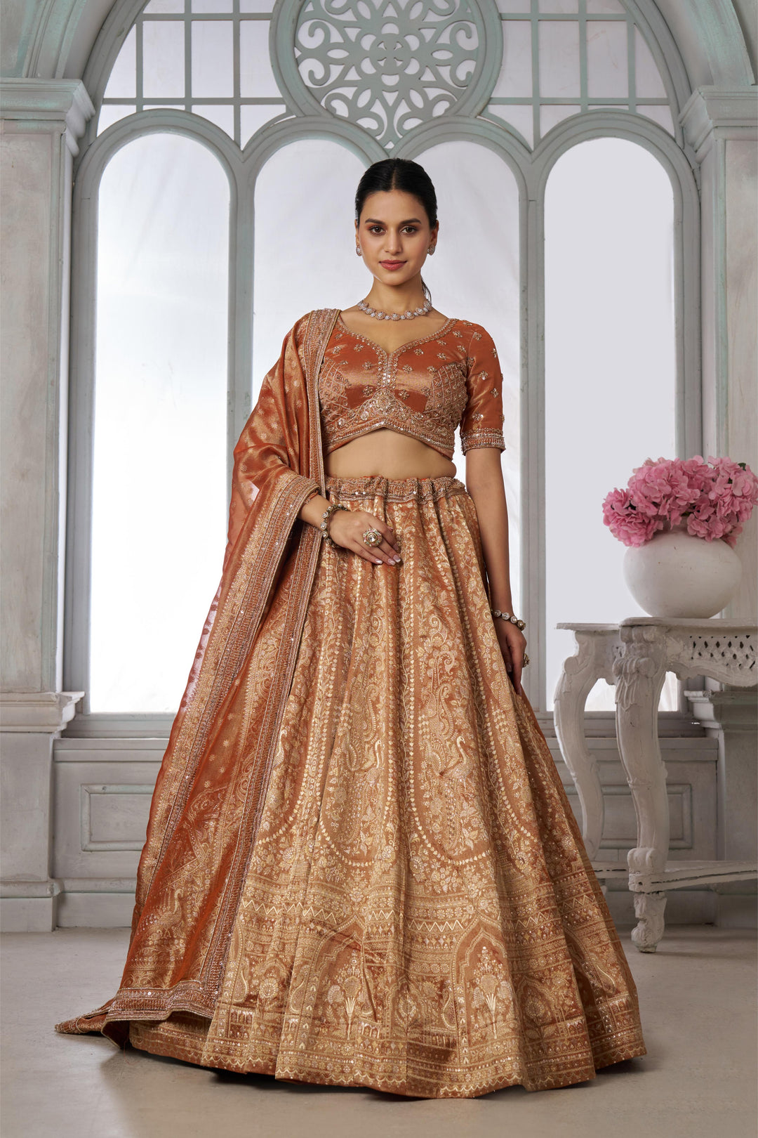 Pure Jari tissue Rust Lehenga with Sequins & Beads Work | SHOBITAM