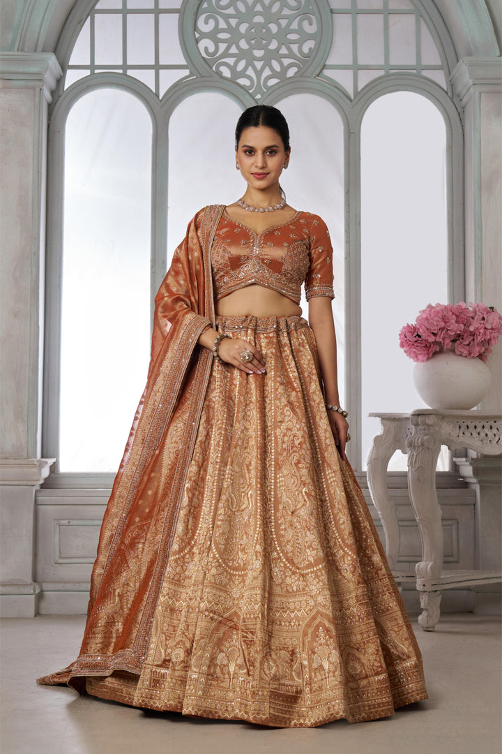 Pure Jari tissue Rust Lehenga with Sequins & Beads Work | SHOBITAM