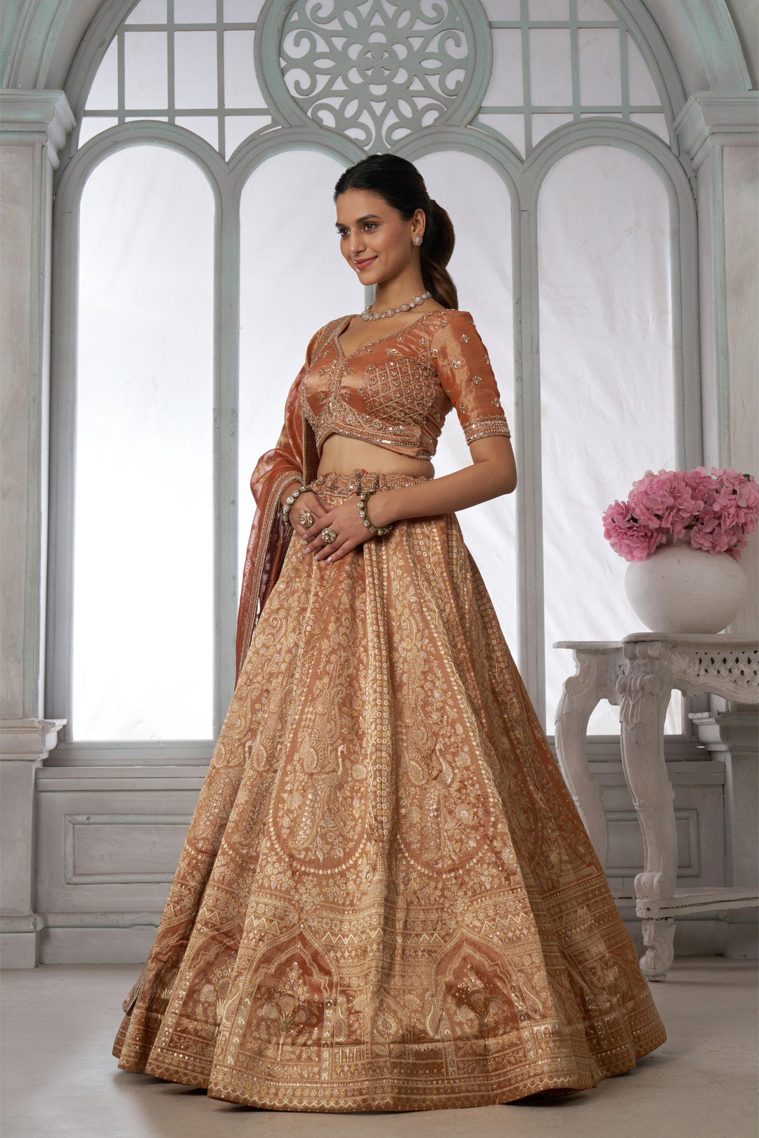 Pure Jari tissue Rust Lehenga with Sequins & Beads Work | SHOBITAM
