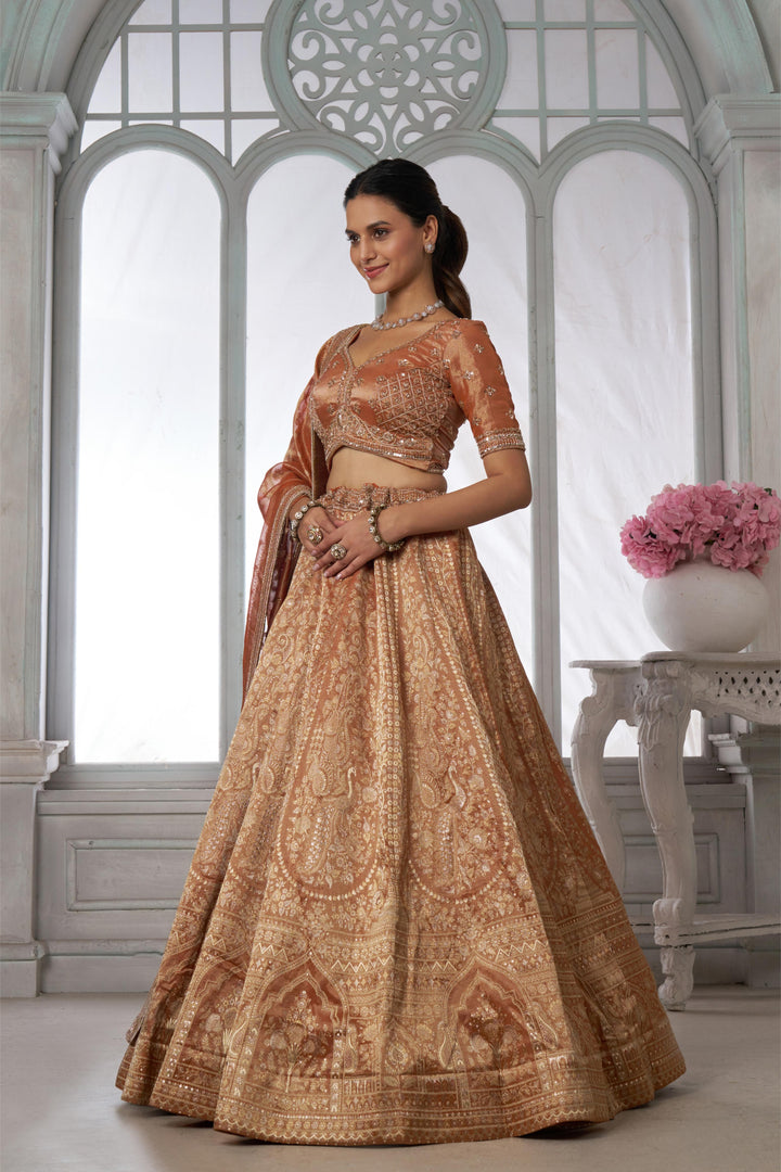 Pure Jari tissue Rust Lehenga with Sequins & Beads Work | SHOBITAM