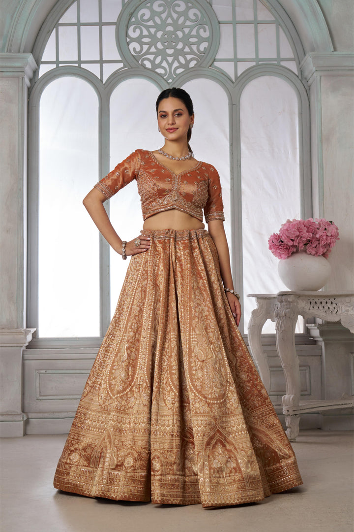 Pure Jari tissue Rust Lehenga with Sequins & Beads Work | SHOBITAM