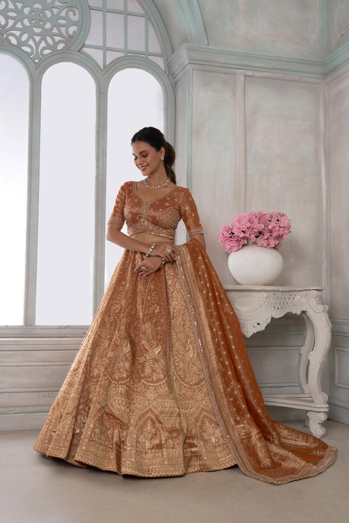 Pure Jari tissue Rust Lehenga with Sequins & Beads Work | SHOBITAM