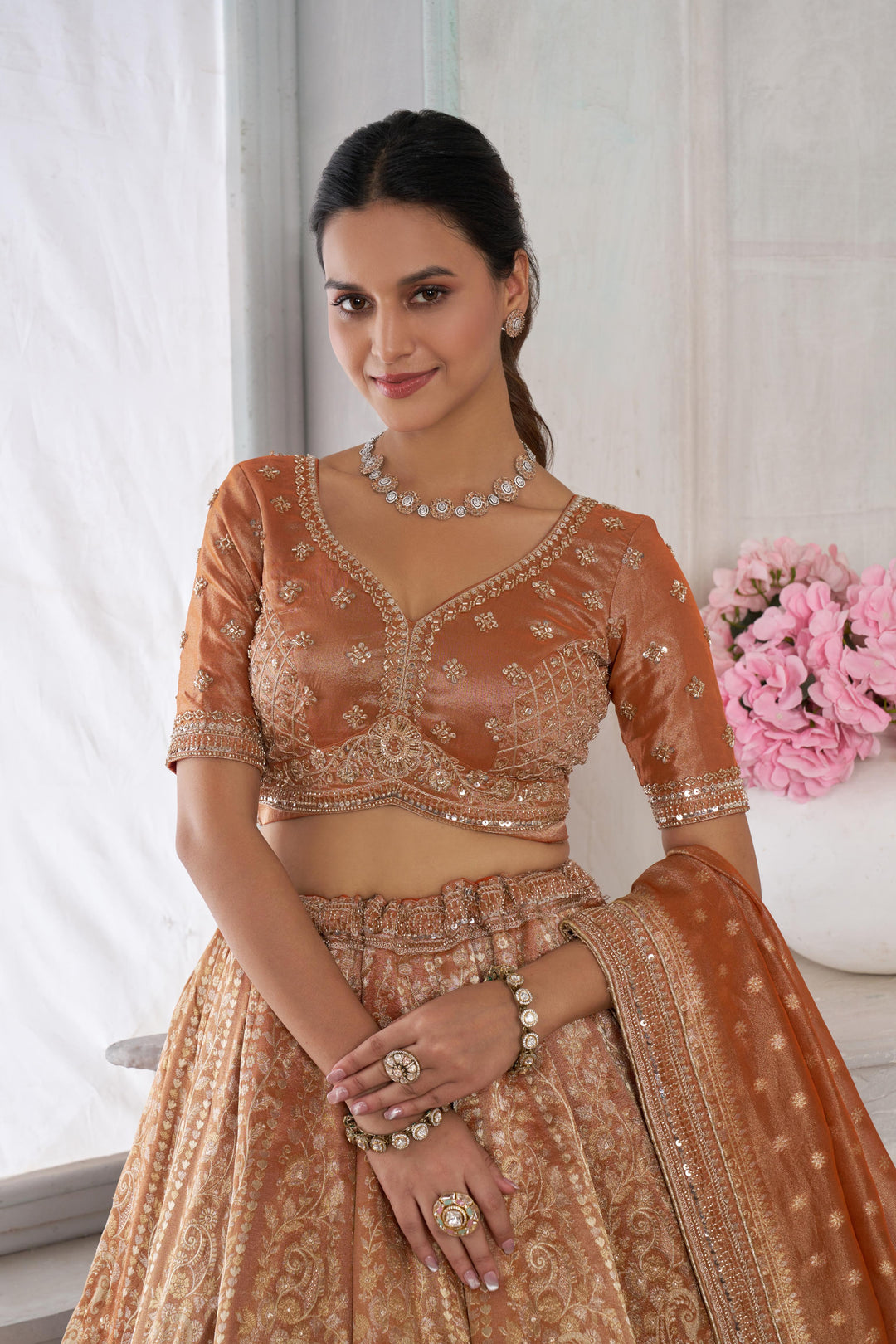 Pure Jari tissue Rust Lehenga with Sequins & Beads Work | SHOBITAM