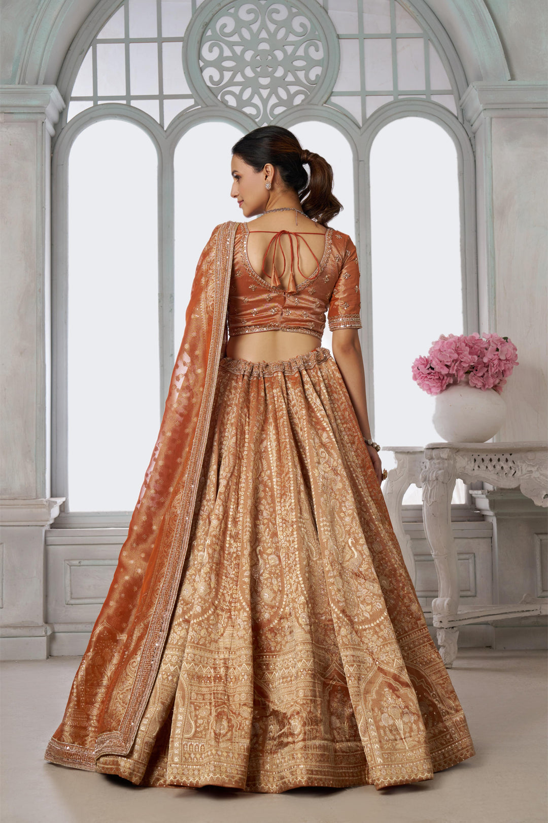 Pure Jari tissue Rust Lehenga with Sequins & Beads Work | SHOBITAM