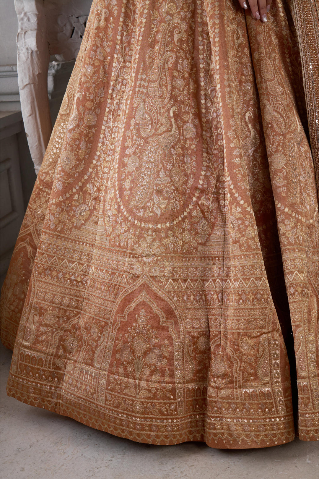 Pure Jari tissue Rust Lehenga with Sequins & Beads Work | SHOBITAM