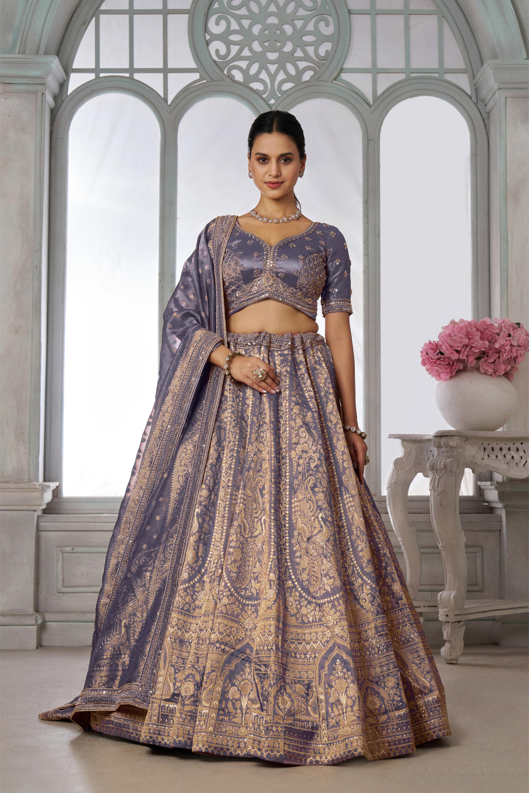Luxurious Purple Jari Tissue Lehenga Adorned with Delicate Beadwork | SHOBITAM