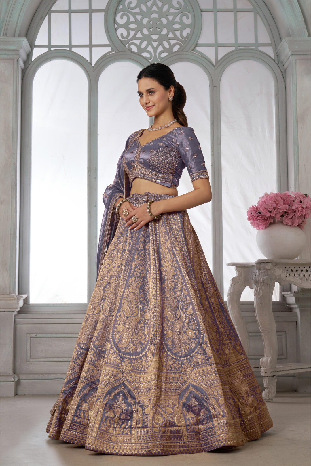 Luxurious Purple Jari Tissue Lehenga Adorned with Delicate Beadwork | SHOBITAM