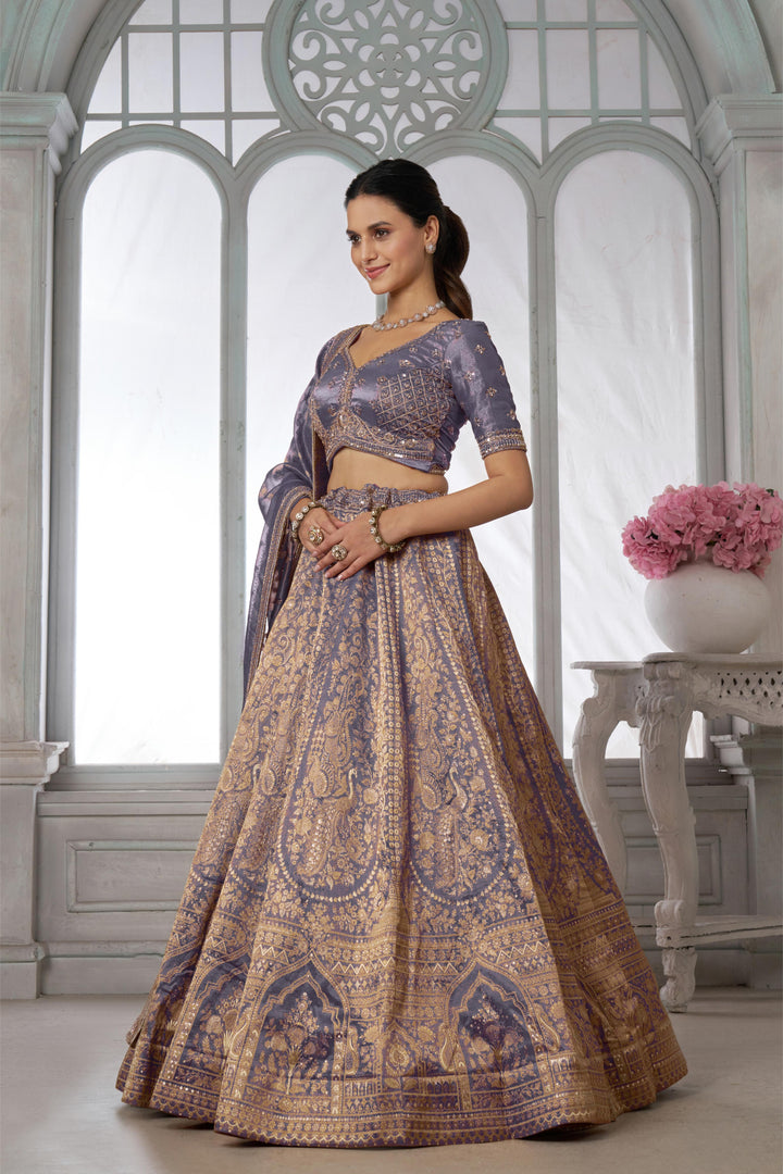 Luxurious Purple Jari Tissue Lehenga Adorned with Delicate Beadwork | SHOBITAM
