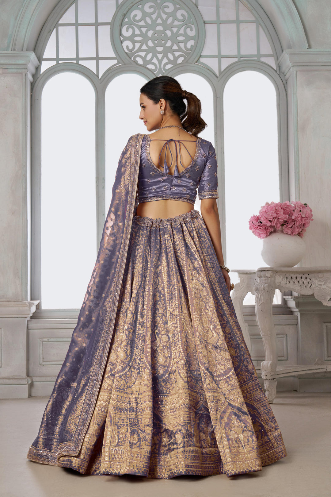 Luxurious Purple Jari Tissue Lehenga Adorned with Delicate Beadwork | SHOBITAM