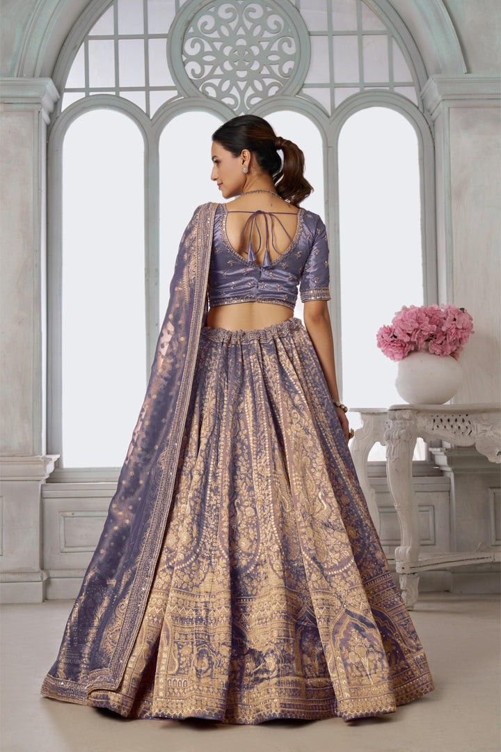 Luxurious Purple Jari Tissue Lehenga Adorned with Delicate Beadwork | SHOBITAM