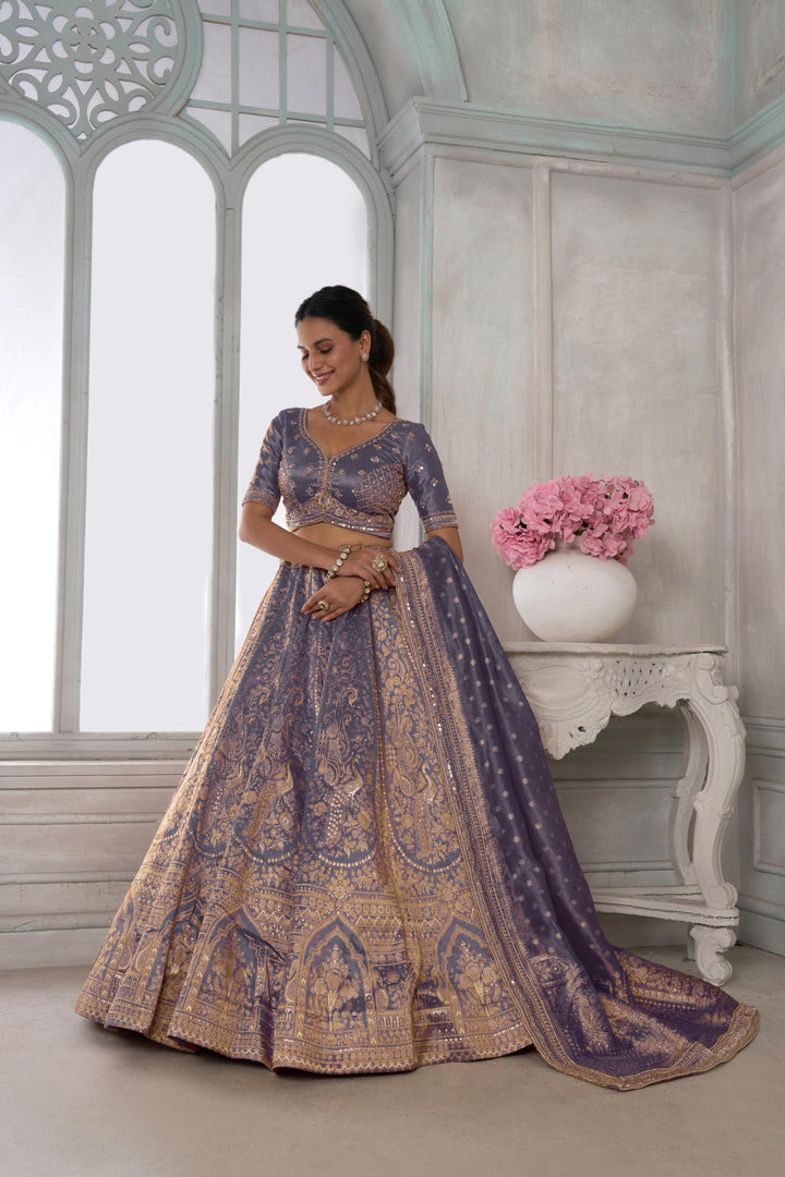Luxurious Purple Jari Tissue Lehenga Adorned with Delicate Beadwork | SHOBITAM