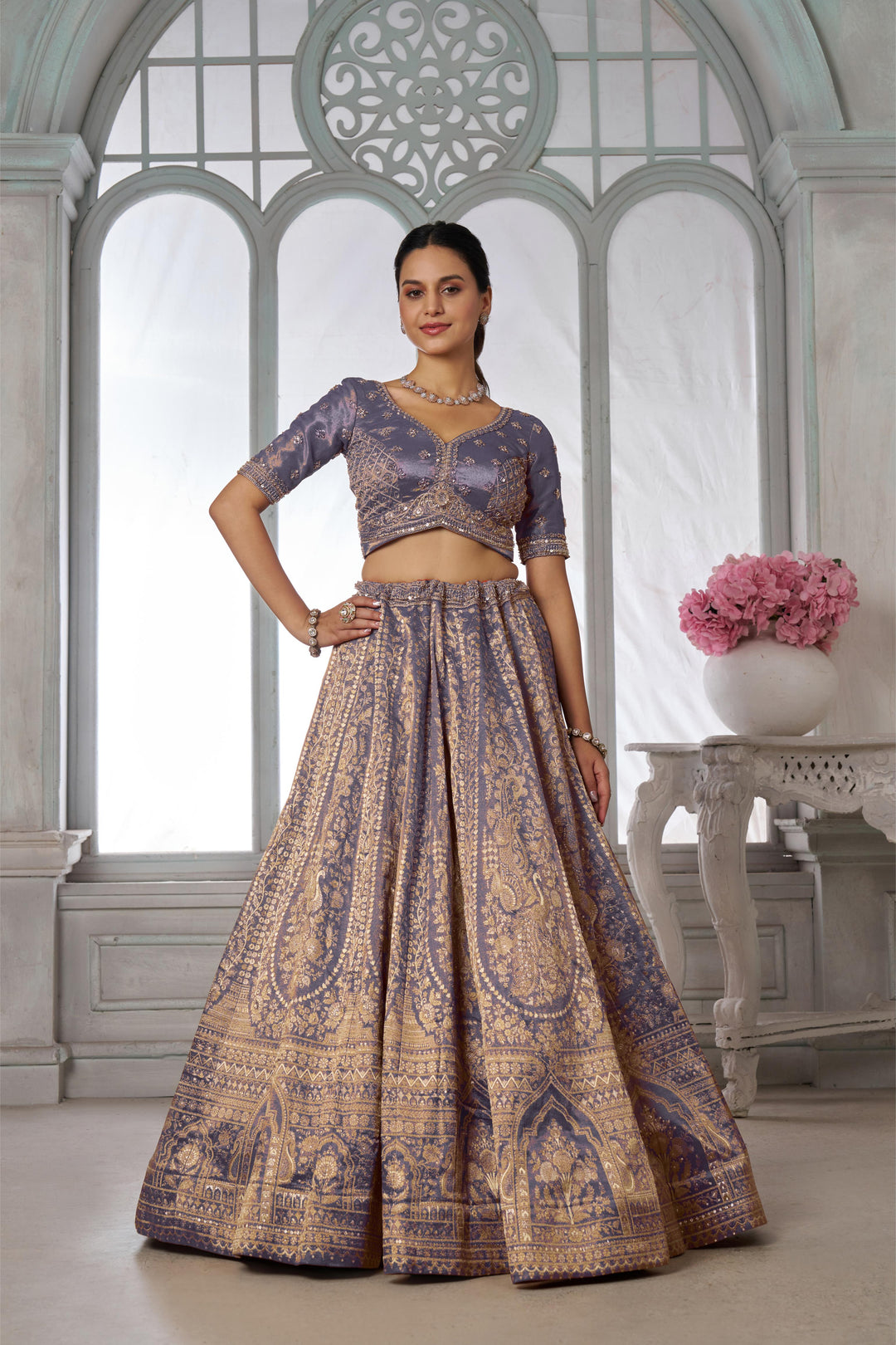 Luxurious Purple Jari Tissue Lehenga Adorned with Delicate Beadwork | SHOBITAM