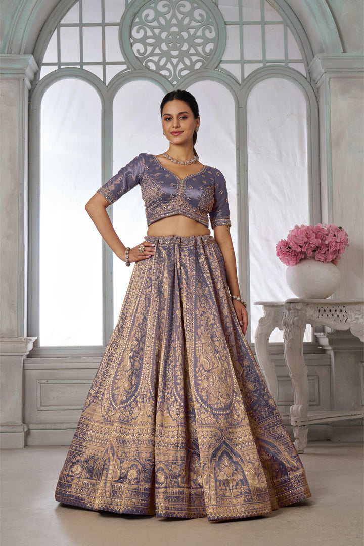 Luxurious Purple Jari Tissue Lehenga Adorned with Delicate Beadwork | SHOBITAM