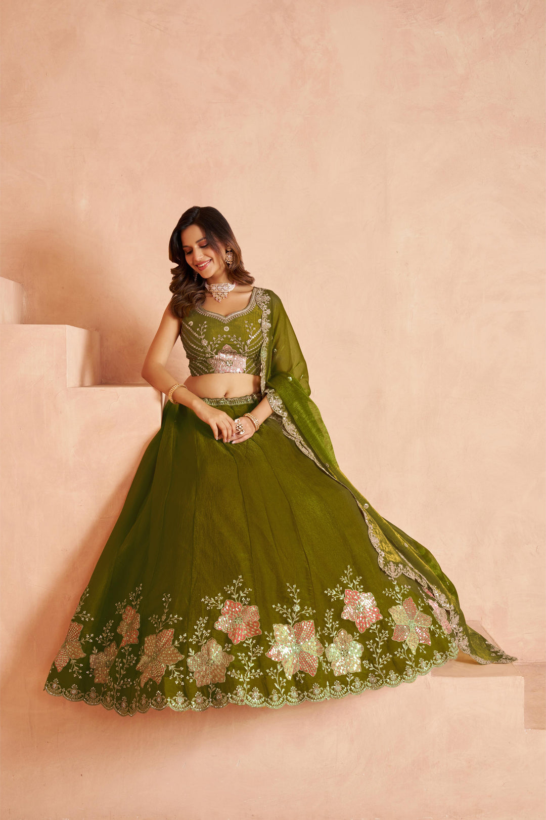 Elegant Floral Green Embroidered Tissue Lehenga Choli Set | SHOBITAM