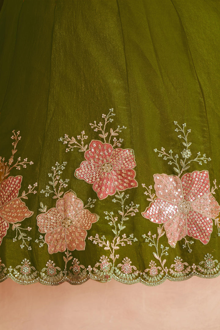 Elegant Floral Green Embroidered Tissue Lehenga Choli Set | SHOBITAM