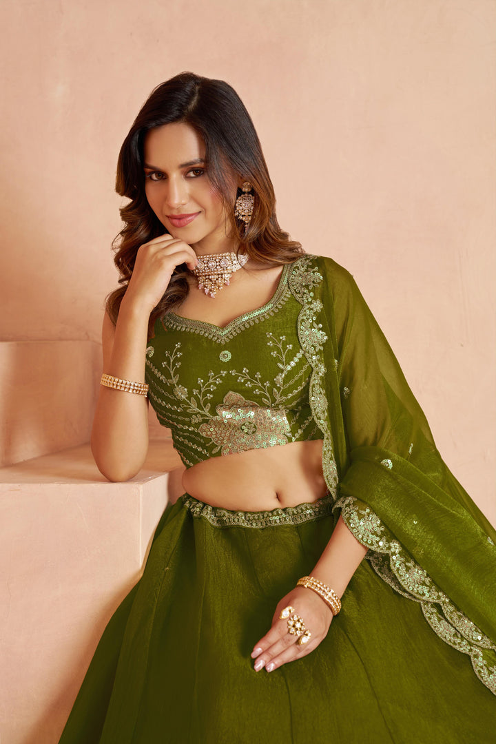 Elegant Floral Green Embroidered Tissue Lehenga Choli Set | SHOBITAM