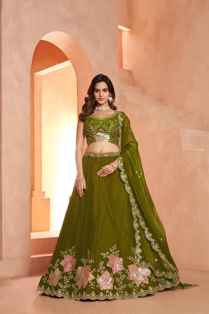Elegant Floral Green Embroidered Tissue Lehenga Choli Set | SHOBITAM
