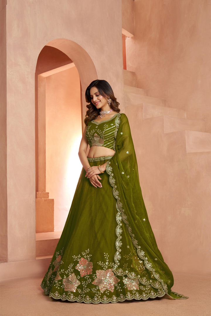 Elegant Floral Green Embroidered Tissue Lehenga Choli Set | SHOBITAM