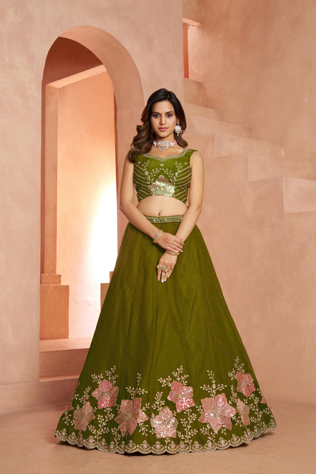 Elegant Floral Green Embroidered Tissue Lehenga Choli Set | SHOBITAM