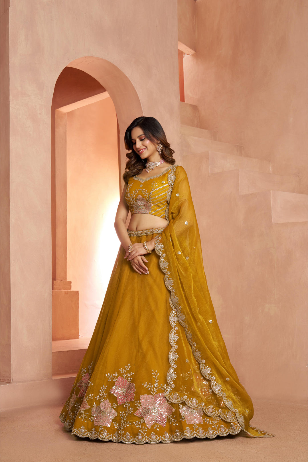 Elegant Floral Embroidered Tissue Lehenga Choli Set | SHOBITAM