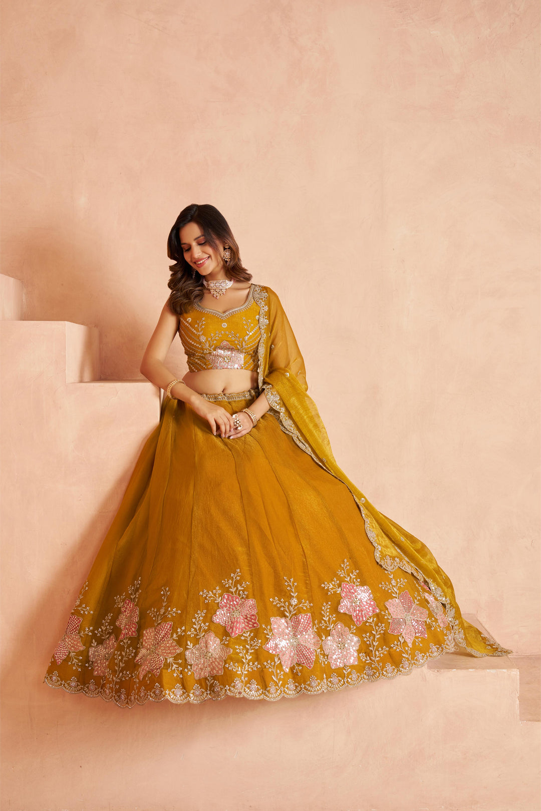 Elegant Floral Embroidered Tissue Lehenga Choli Set | SHOBITAM