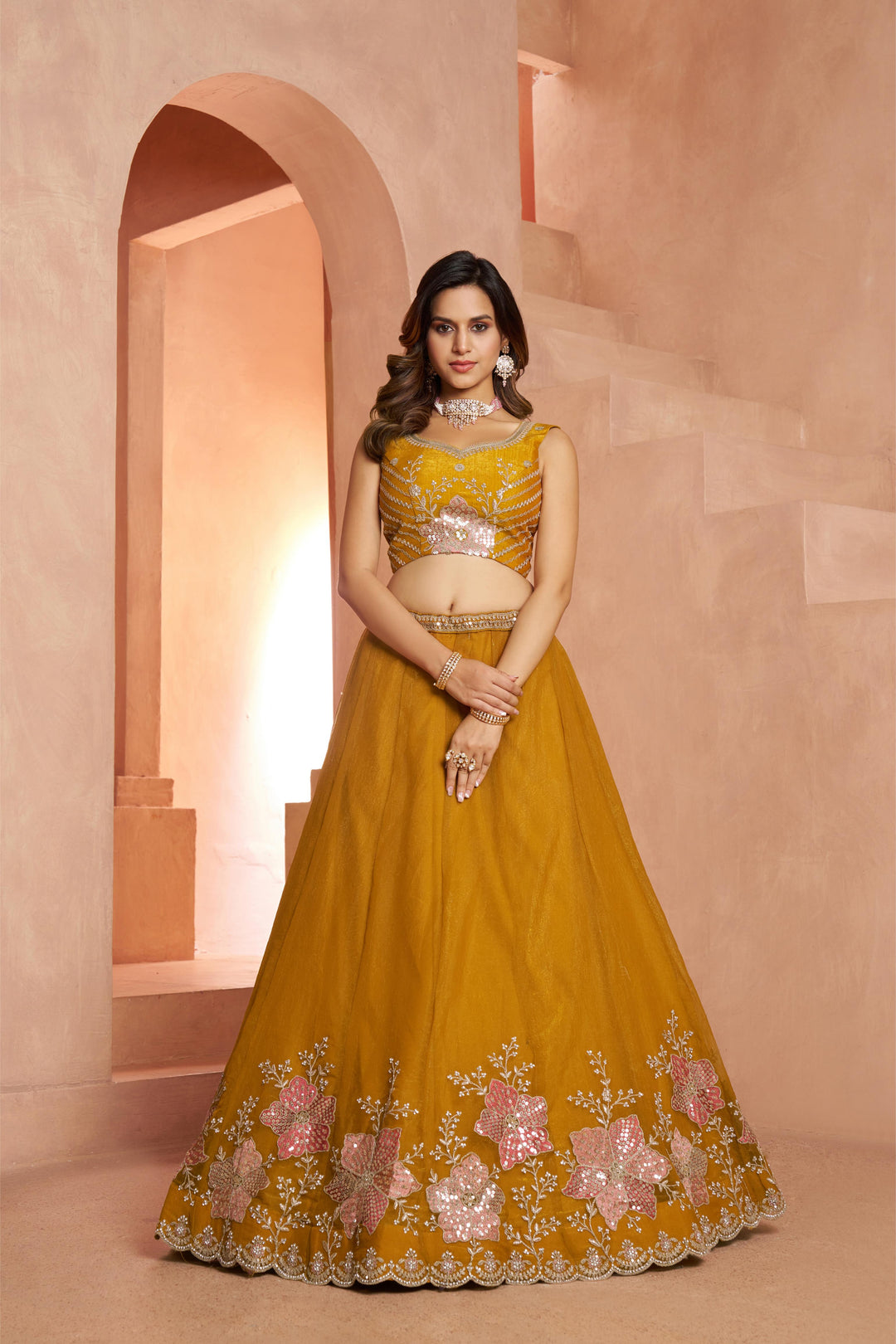 Elegant Floral Embroidered Tissue Lehenga Choli Set | SHOBITAM