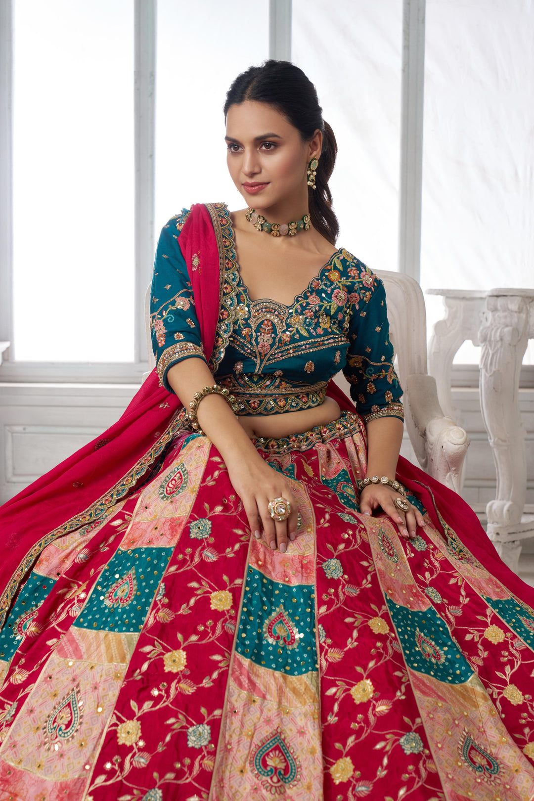 Designer Multi-Color Lehenga Choli with Embroidered Blouse | SHOBITAM