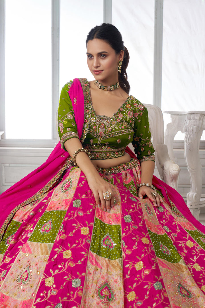 Designer Multi-Color Mehendi Lehenga Choli with Embroidered Blouse | SHOBITAM
