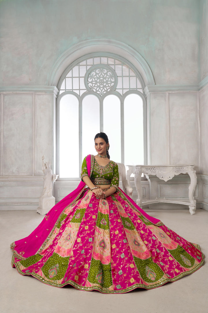 Designer Multi-Color Mehendi Lehenga Choli with Embroidered Blouse | SHOBITAM