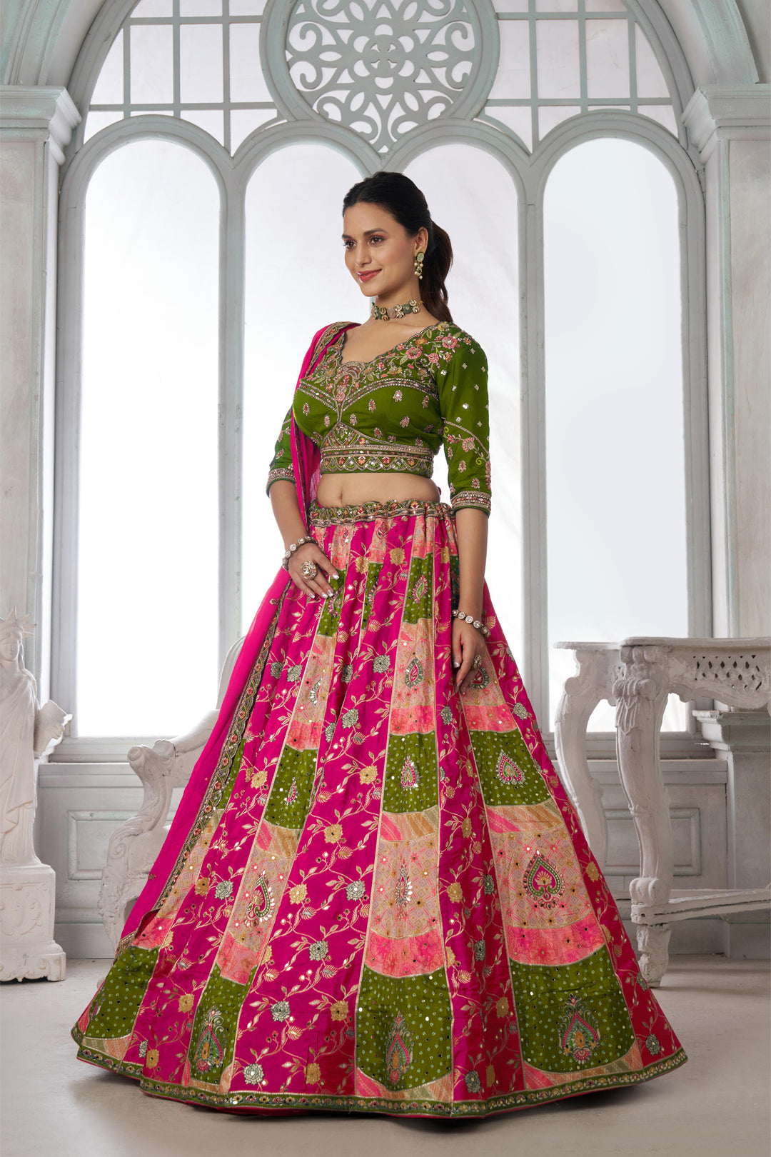 Designer Multi-Color Mehendi Lehenga Choli with Embroidered Blouse | SHOBITAM