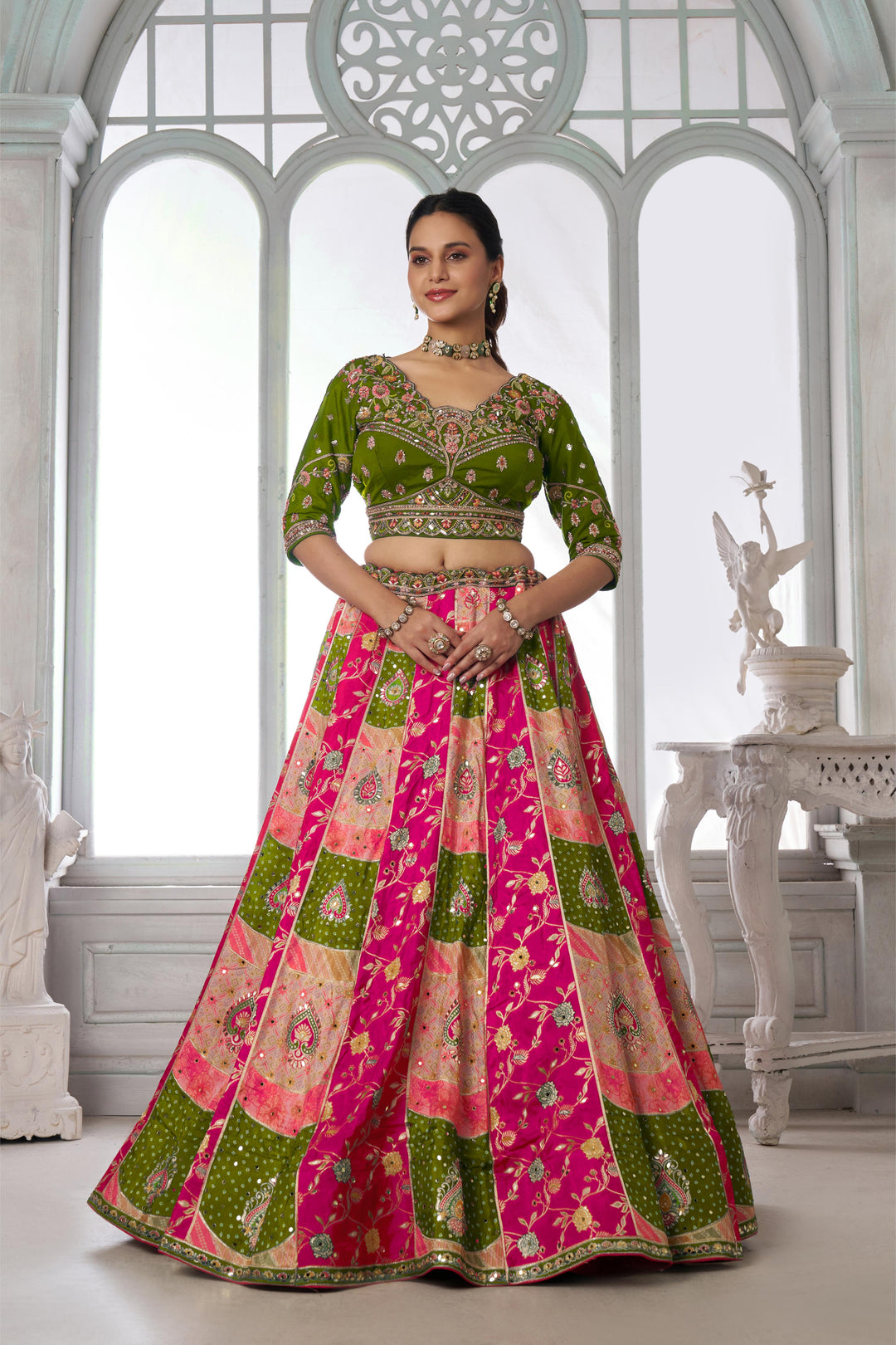 Designer Multi-Color Mehendi Lehenga Choli with Embroidered Blouse | SHOBITAM