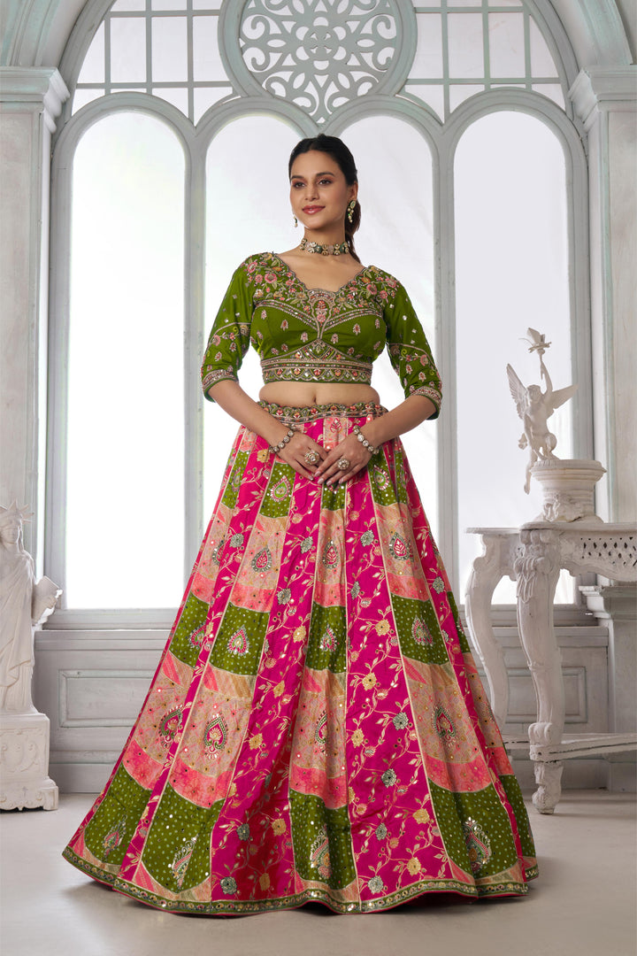 Designer Multi-Color Mehendi Lehenga Choli with Embroidered Blouse | SHOBITAM