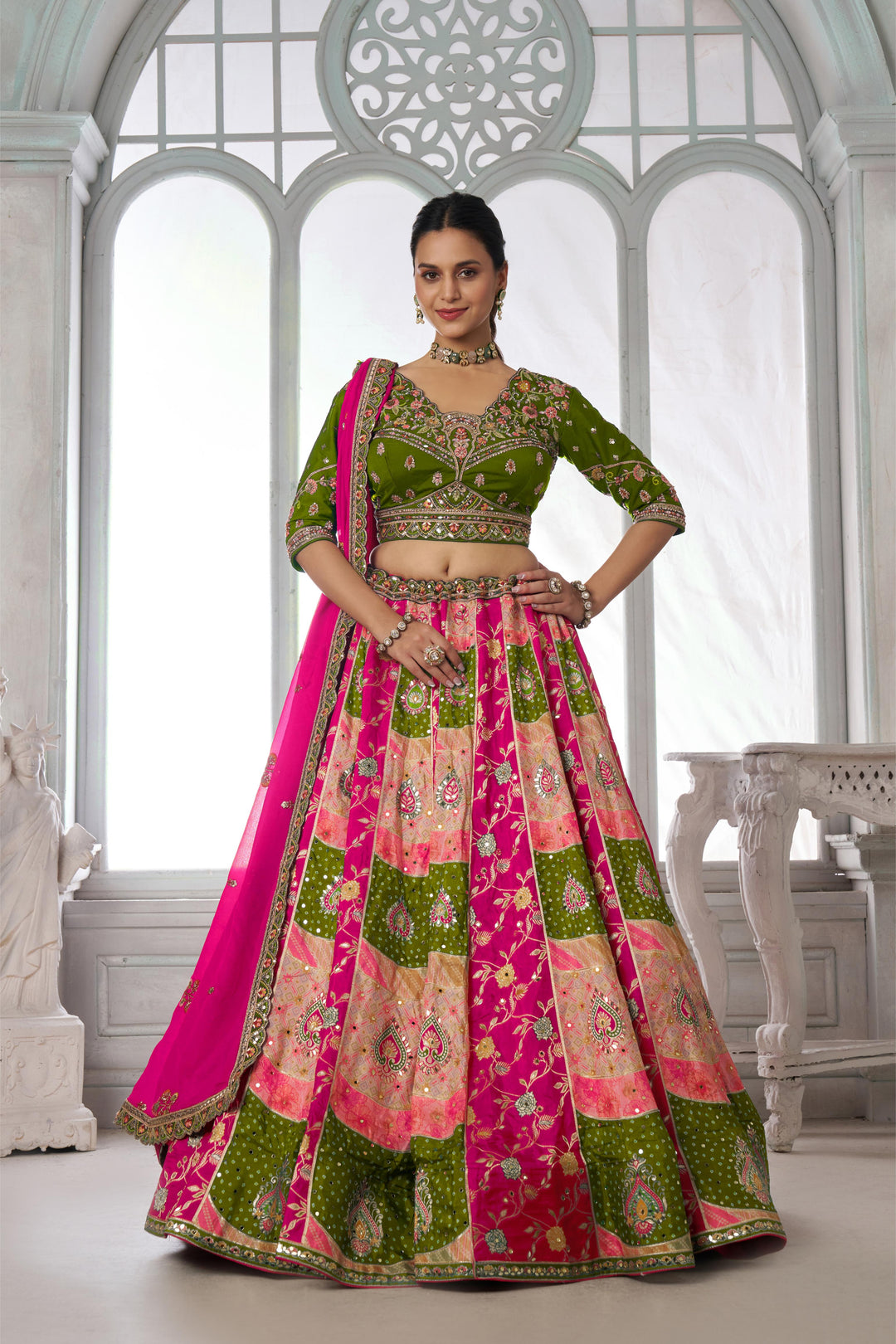 Designer Multi-Color Mehendi Lehenga Choli with Embroidered Blouse | SHOBITAM