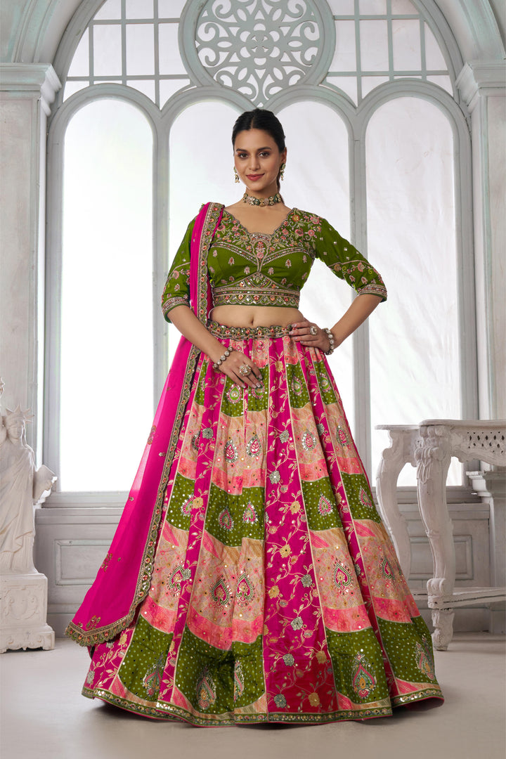 Designer Multi-Color Mehendi Lehenga Choli with Embroidered Blouse | SHOBITAM
