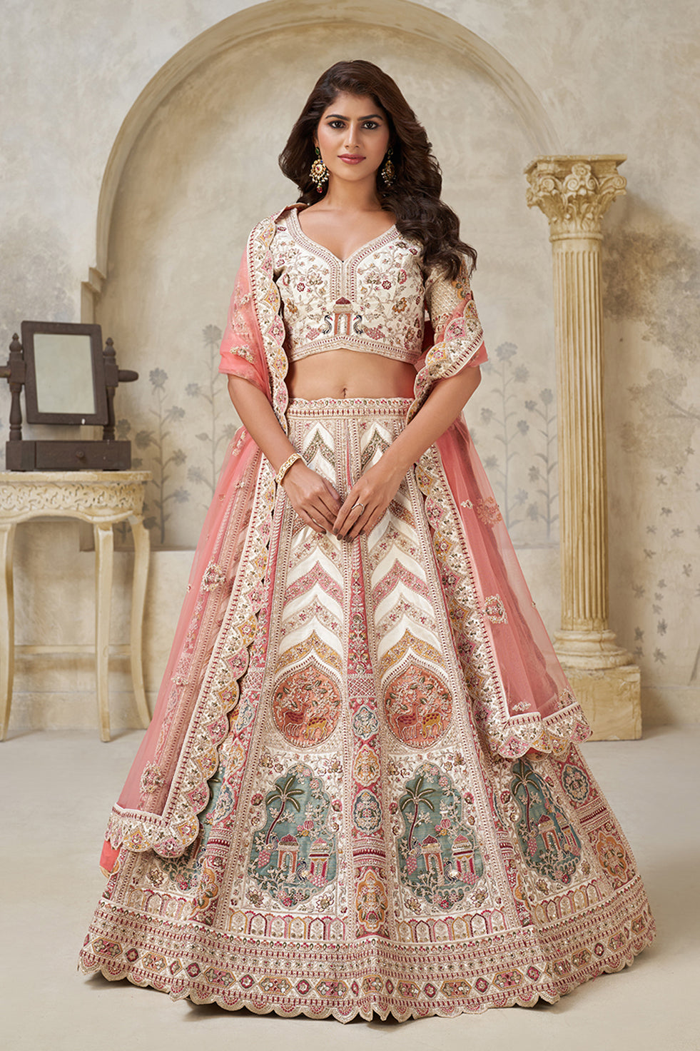 Pranaya Ivory & Pink Lehenga Set | SHOBITAM
