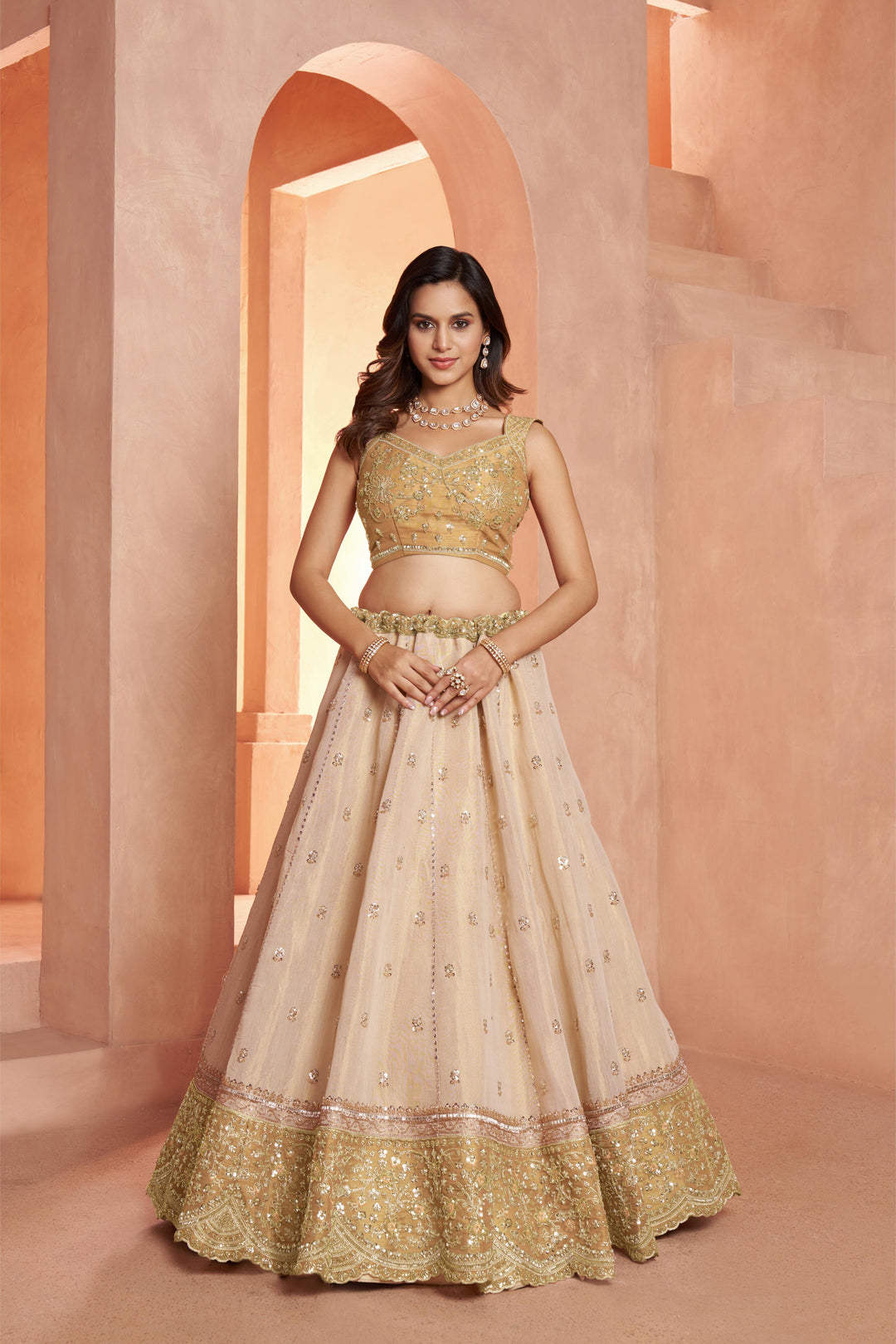 Graceful Gold Lehenga Featuring Handcrafted Embroidery | SHOBITAM