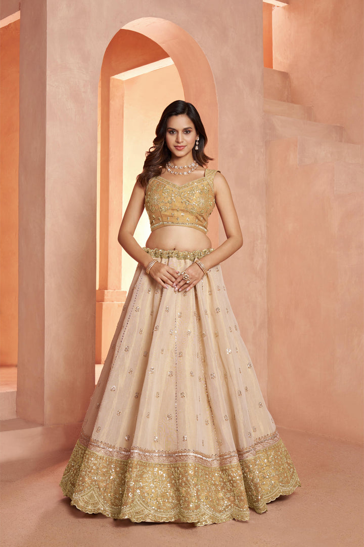 Graceful Gold Lehenga Featuring Handcrafted Embroidery | SHOBITAM