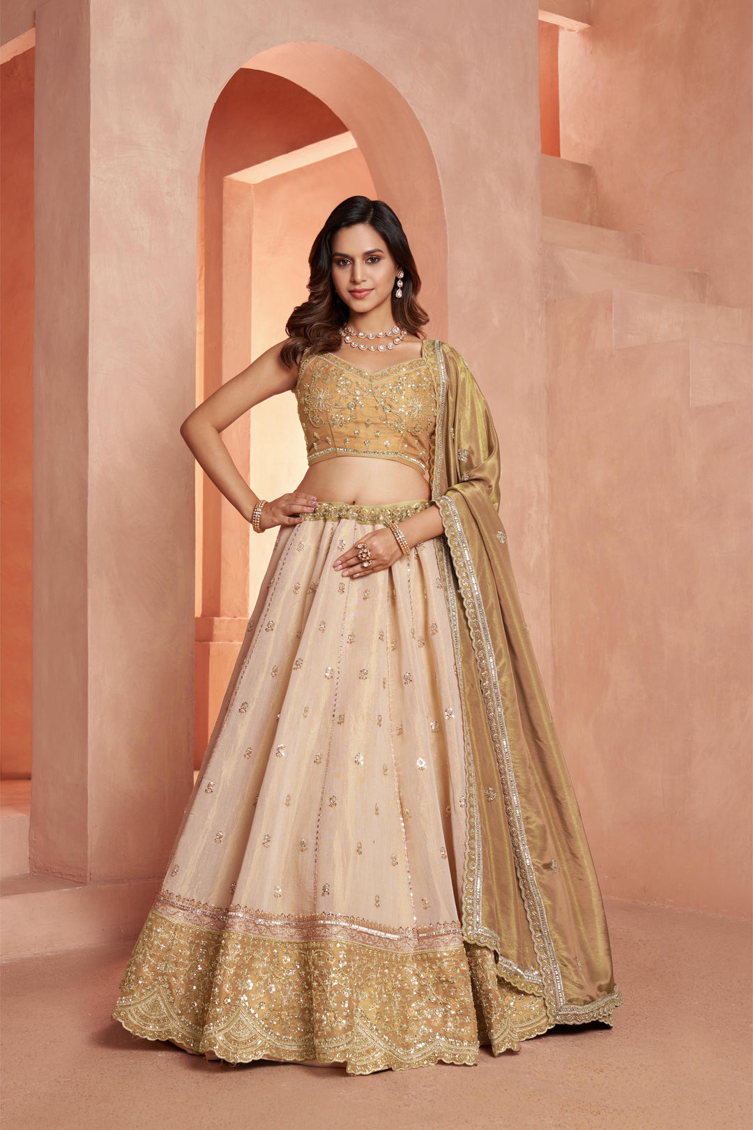 Graceful Gold Lehenga Featuring Handcrafted Embroidery | SHOBITAM