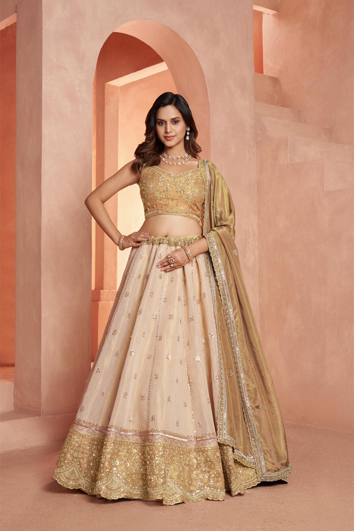 Graceful Gold Lehenga Featuring Handcrafted Embroidery | SHOBITAM