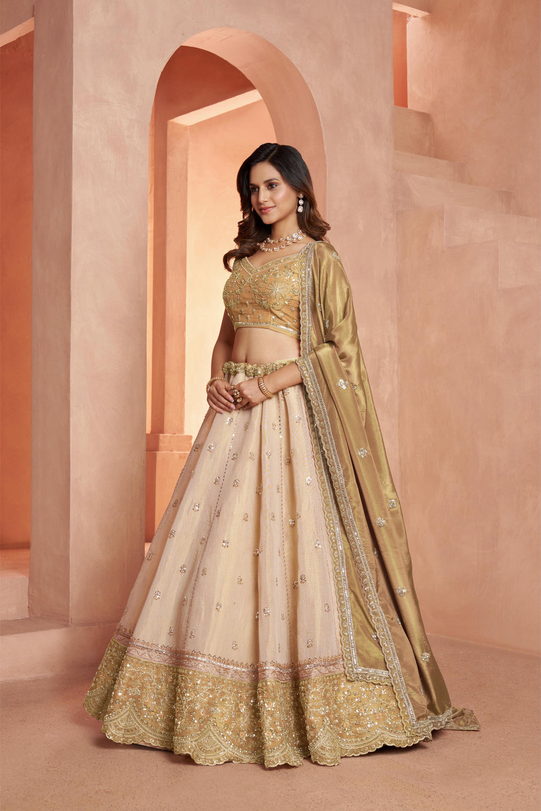 Graceful Gold Lehenga Featuring Handcrafted Embroidery | SHOBITAM
