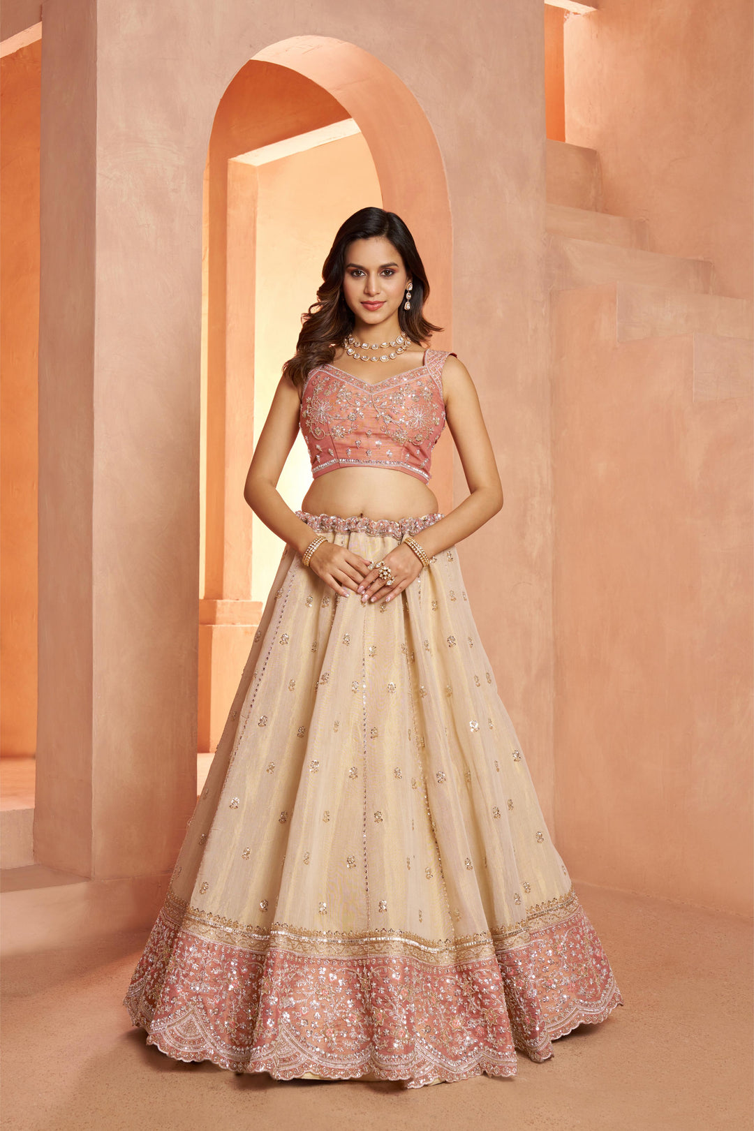 Designer Peach Lehenga with Luxurious Embellished Details | SHOBITAM