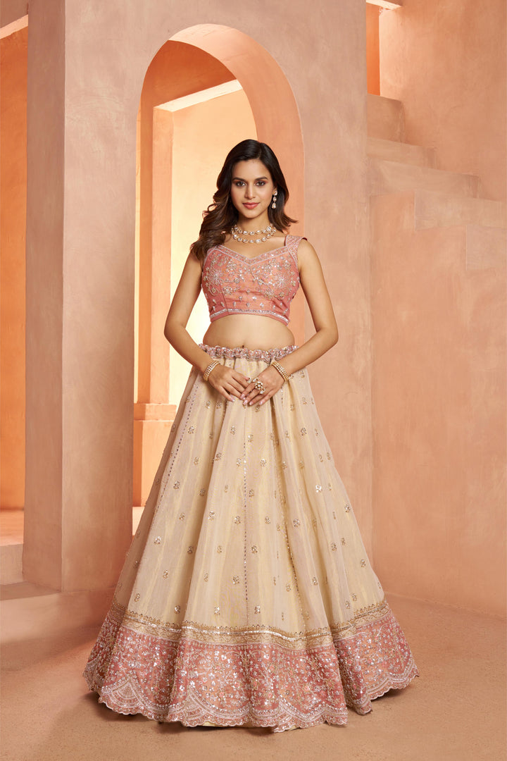 Designer Peach Lehenga with Luxurious Embellished Details | SHOBITAM