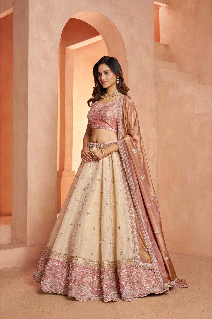 Designer Peach Lehenga with Luxurious Embellished Details | SHOBITAM