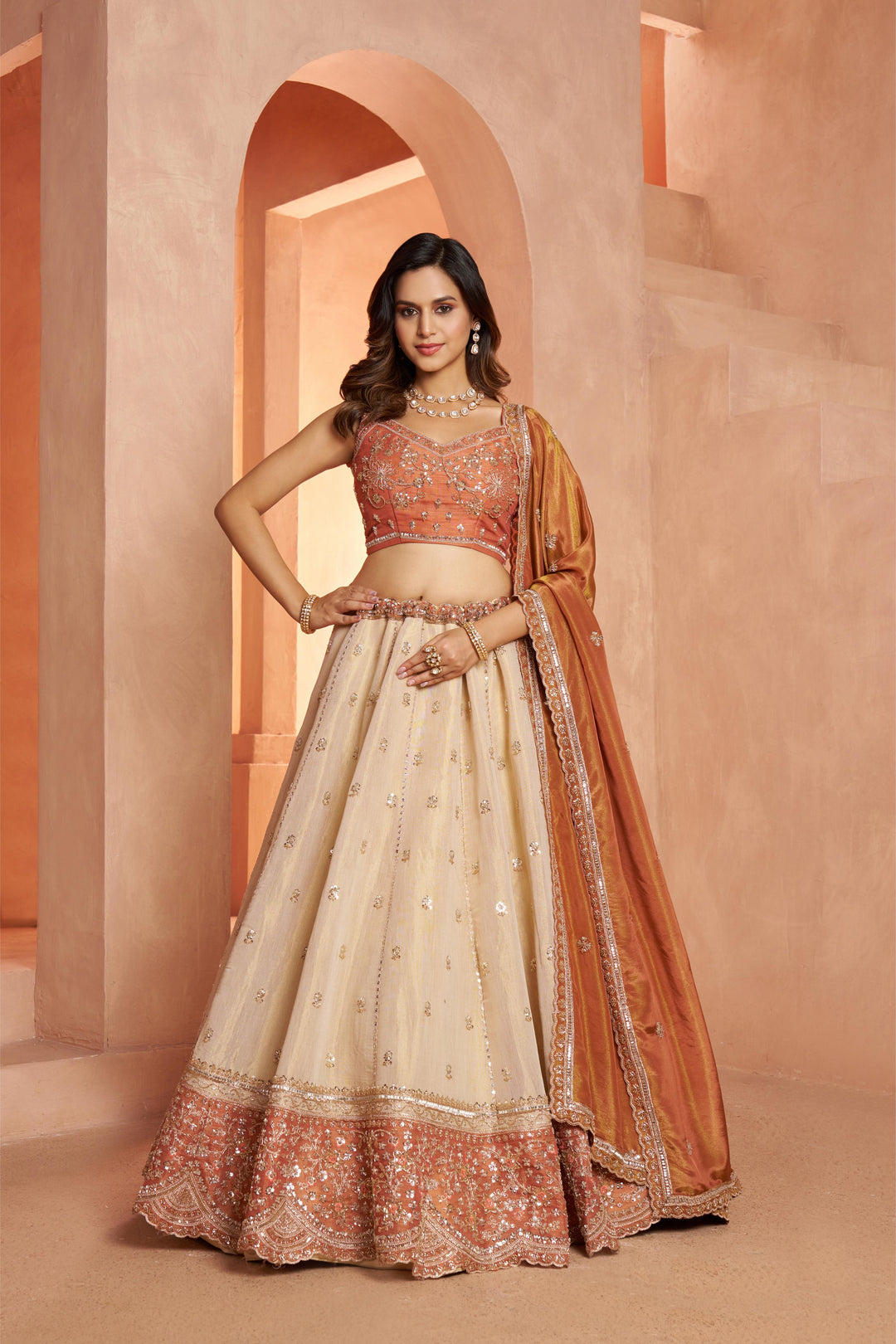 Dreamy Rust Cream Girlish Lehenga with Handcrafted Embellishments | SHOBITAM