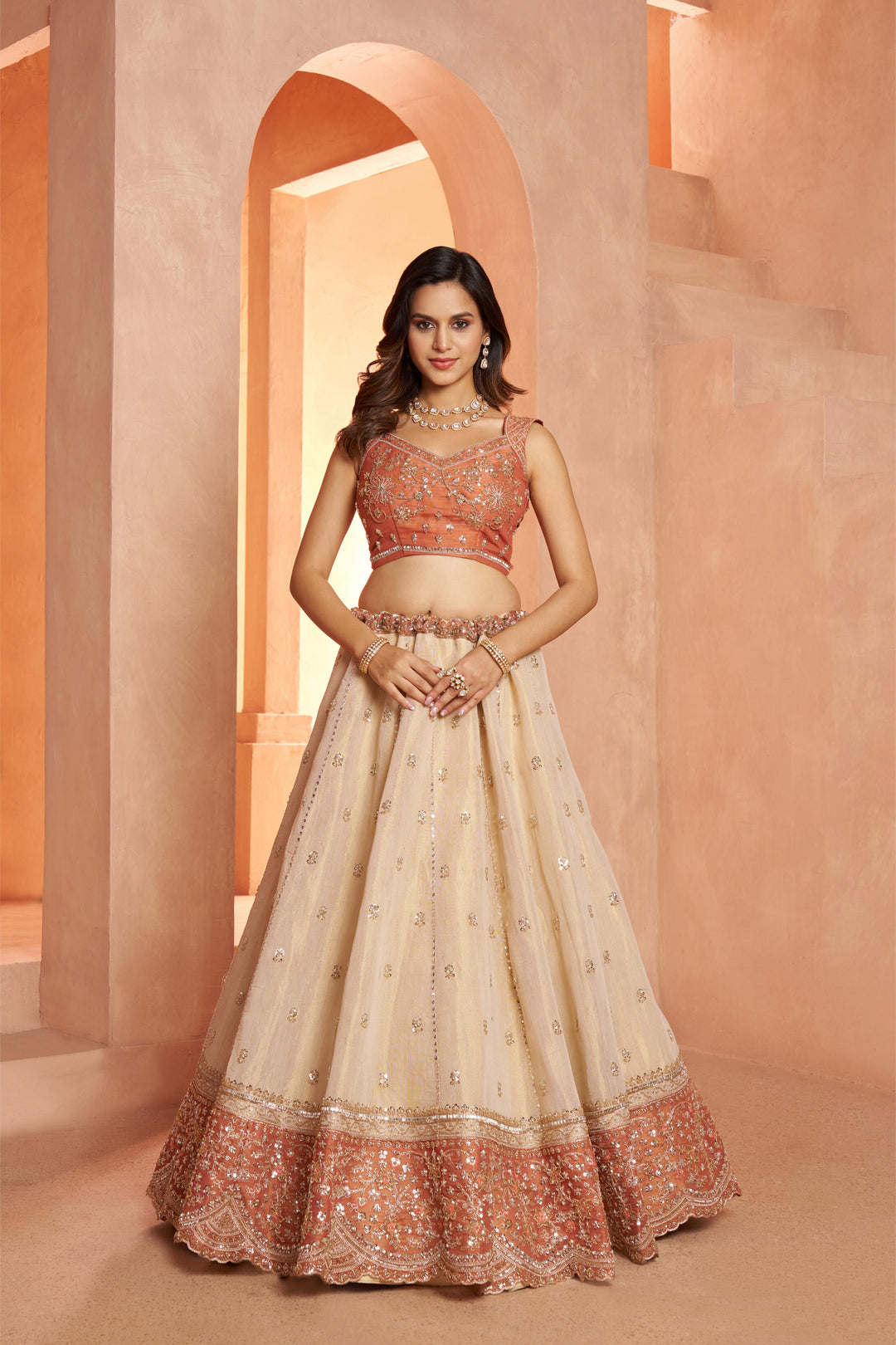 Dreamy Rust Cream Girlish Lehenga with Handcrafted Embellishments | SHOBITAM