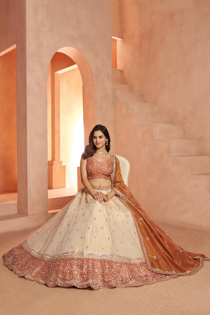 Dreamy Rust Cream Girlish Lehenga with Handcrafted Embellishments | SHOBITAM