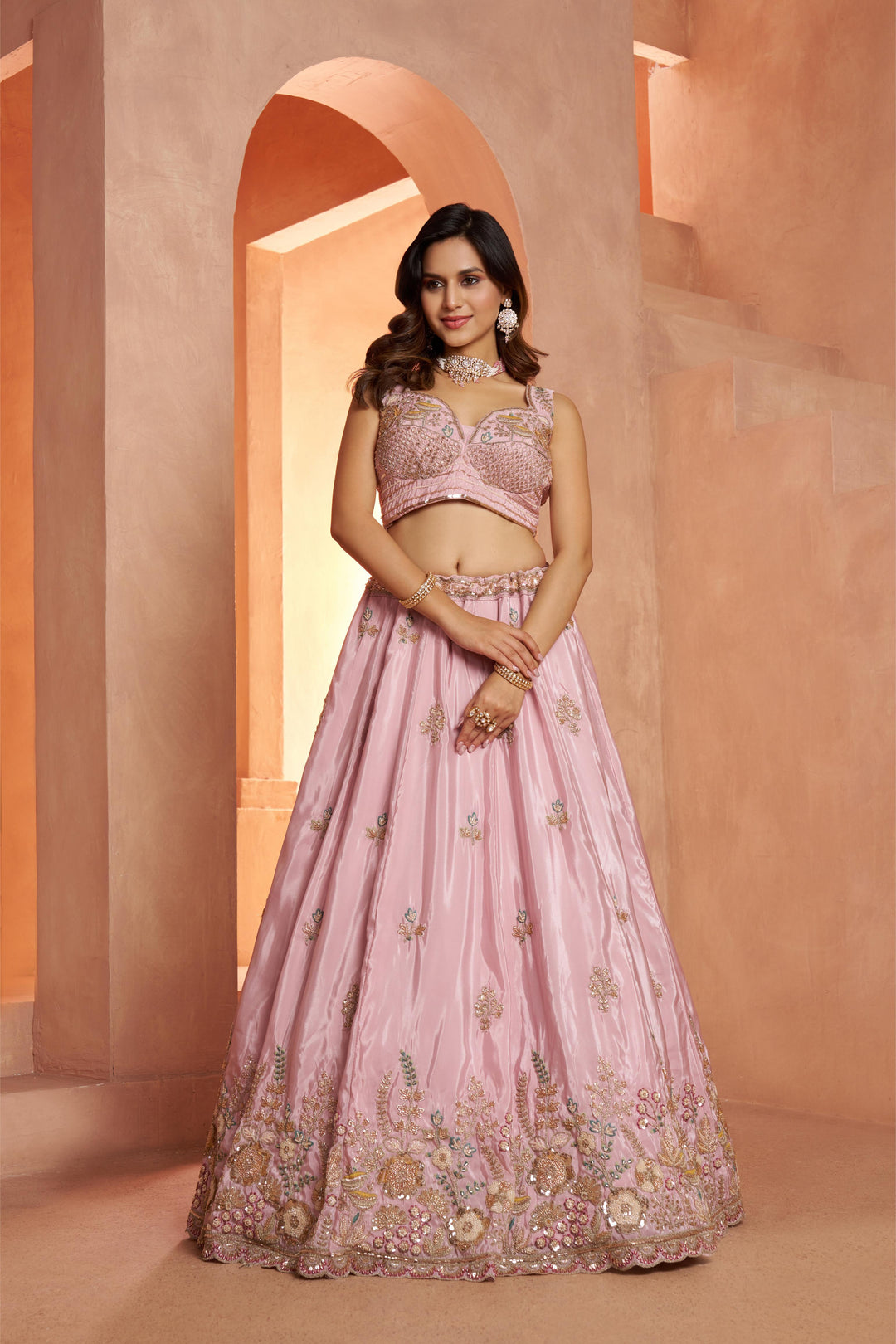 Pastel pink Floral Embroidered Designer Lehenga Set | SHOBITAM