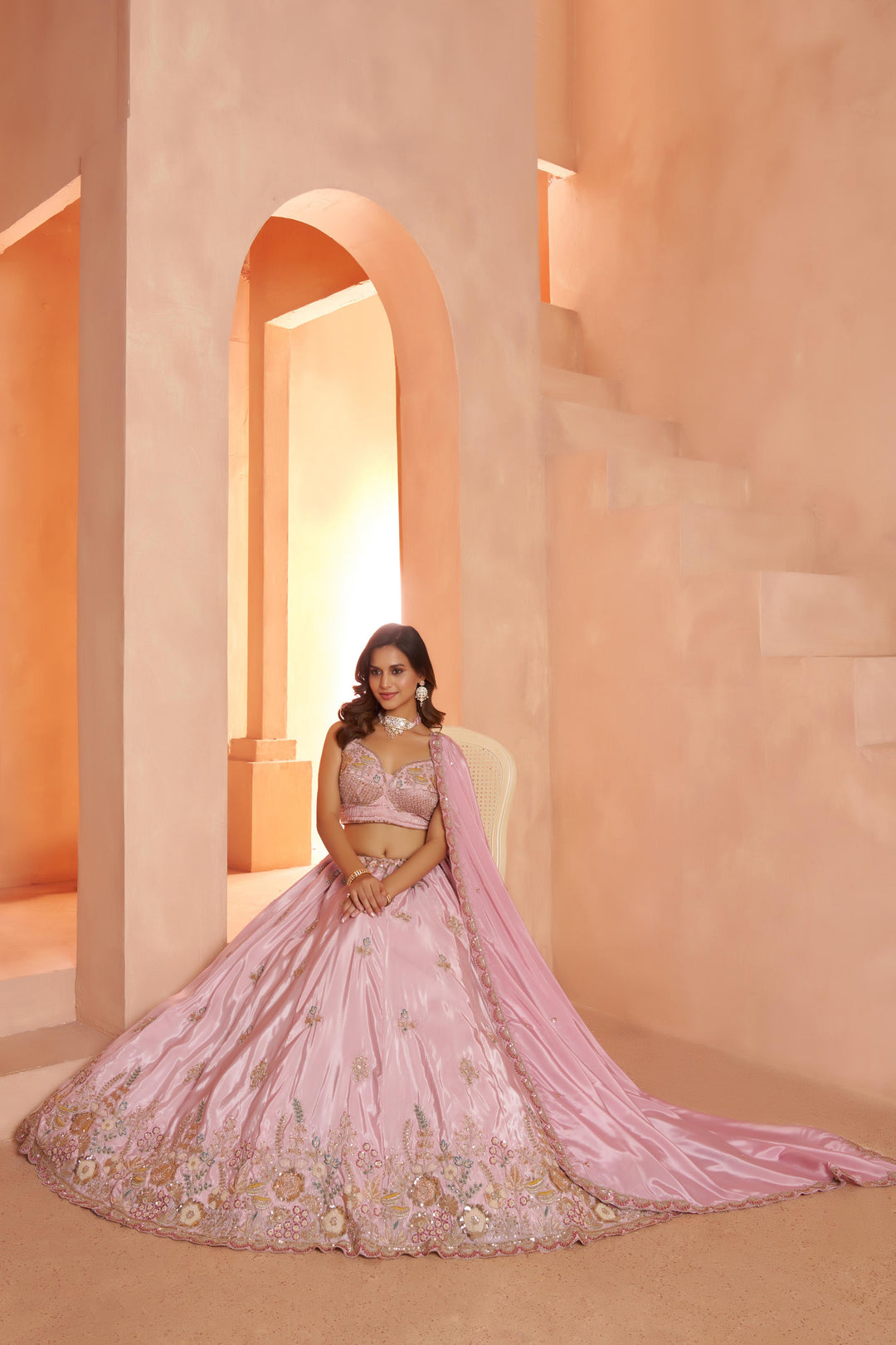 Pastel pink Floral Embroidered Designer Lehenga Set | SHOBITAM